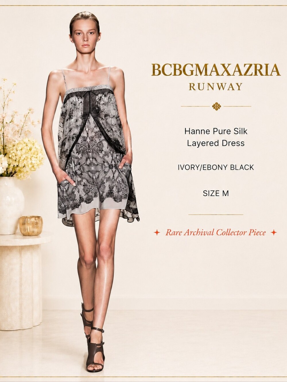 BCBGMaxAzria Runway Hanne Silk Dress Black & White Lace Print Layered Chiffon M